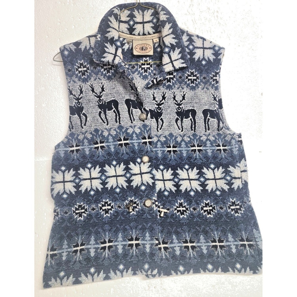 County Clothing Co Vest Womens Medium Blue Gray Moose Holiday Metal Buttons
